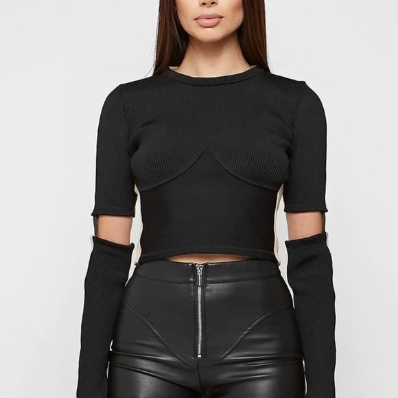 MANIÈRE DE VOIR RIBBED SPLIT SLEEVE TOP - BLACK/BEIGE SIZE 6 - Picture 2 of 7